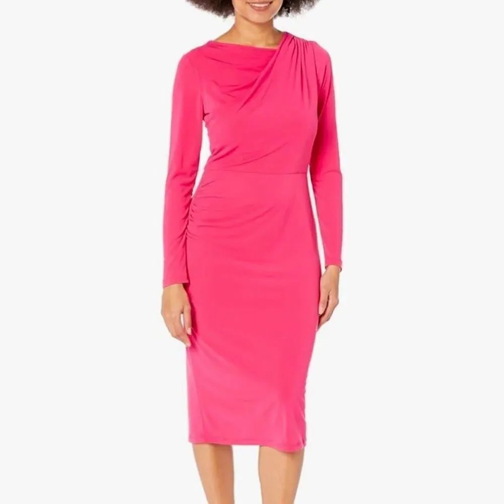 London Times Pink Jersey Dress Midi Slimming with Sleeves. Size 8 (c1)